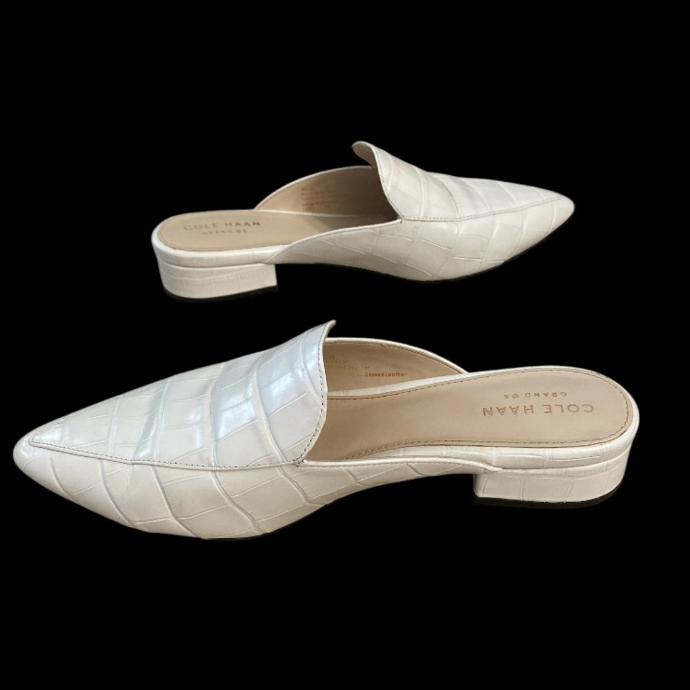 Cole Haan Piper Ivory Croc-Embossed Leather Mules Block Heel Slip-On Womens 6B
